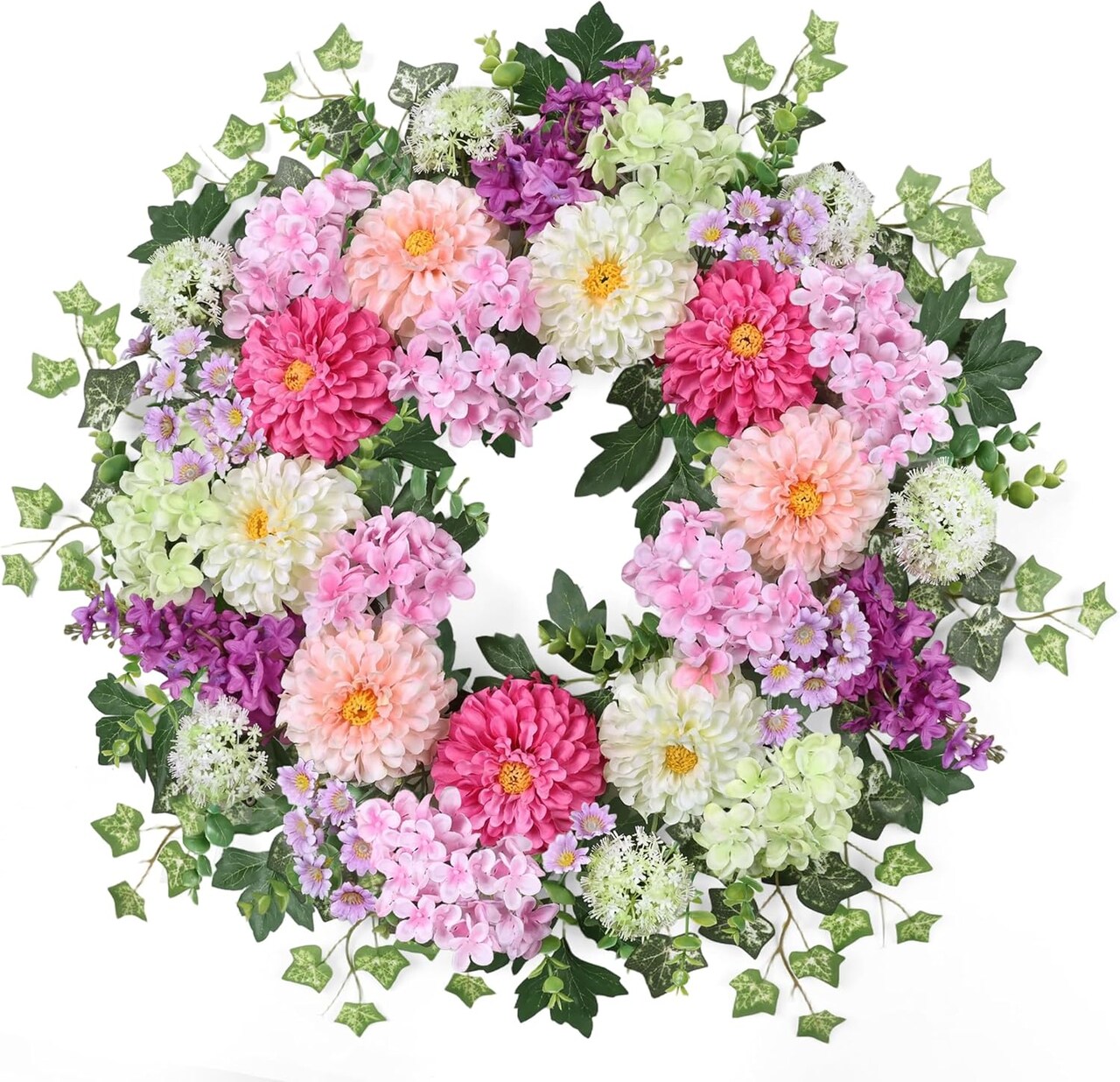 24 Inch Dahlia & Hydrangea Wreath Artificial Spring Wreath for Front Door Floral Wreat with Hyacinth Daisy Eucalyptus Ivy Indoor Outdoor Farmhouse Home Decor for Valentine’s Day Easter Summer